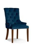Scaun tapitat cu stofa si picioare din lemn August Velvet Bleumarin / Nuc, l59xA70xH96 cm