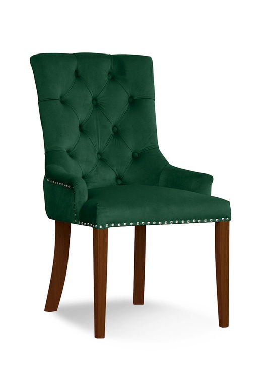 Scaun tapitat cu stofa si picioare din lemn August Velvet Verde / Nuc, l59xA70xH96 cm