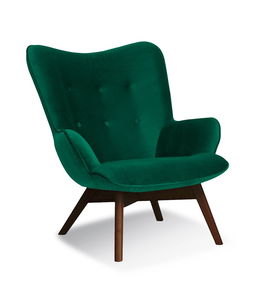 Fotoliu fix tapitat cu stofa, cu picioare din lemn Cherub Green / Walnut, l79xA91xH93 cm