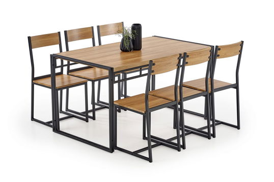 Set masa din MDF si metal + 6 scaune Bolevarids Stejar Auriu / Negru, L140xl80xH75 cm