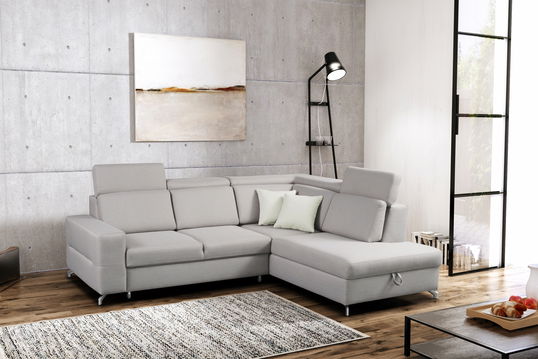 Coltar Aldos Extensibil cu Arcuri Ondulate si Spuma Poliuretanica, Sezlong pe Dreapta, Suprafata de Dormit 180x126 cm, cu Lada de Depozitare, Tetiere Reglabile, l254xA211xH84 cm