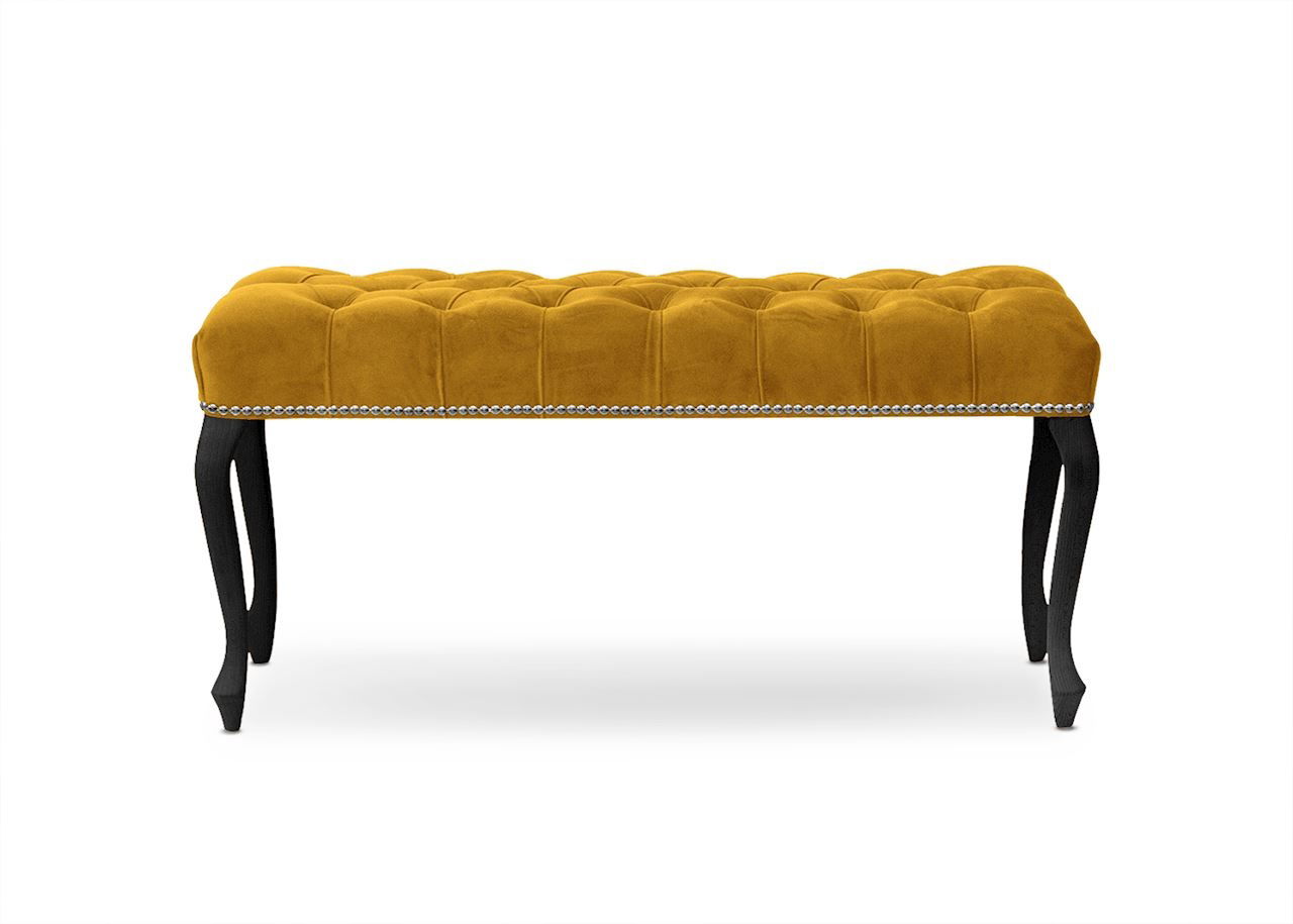 Banca tapitata cu stofa, cu picioare din lemn Ingrid Large Galben / Negru, l120xA40xH49 cm