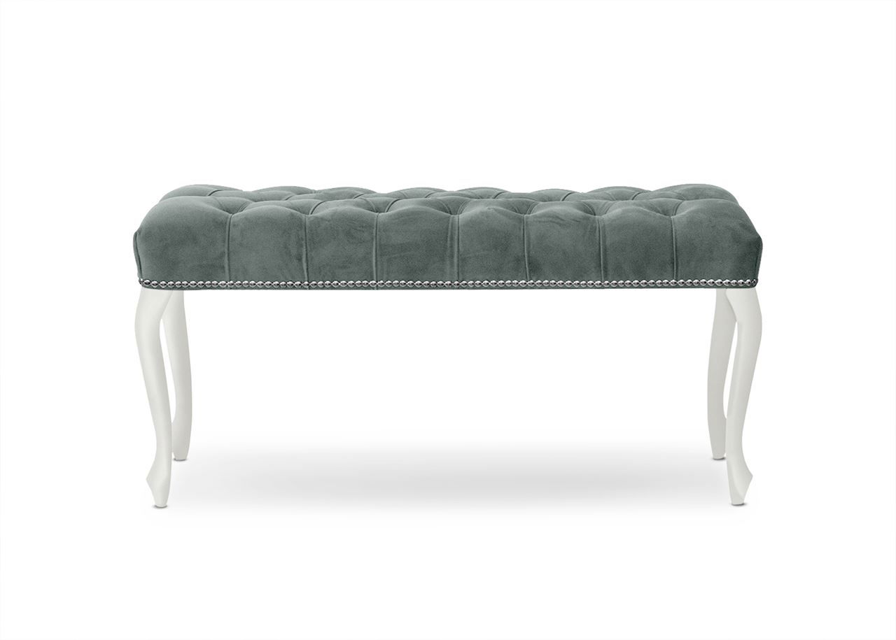 Banca tapitata cu stofa si picioare din lemn Ingrid Small Velvet Gri / Alb, l80xA40xH49 cm