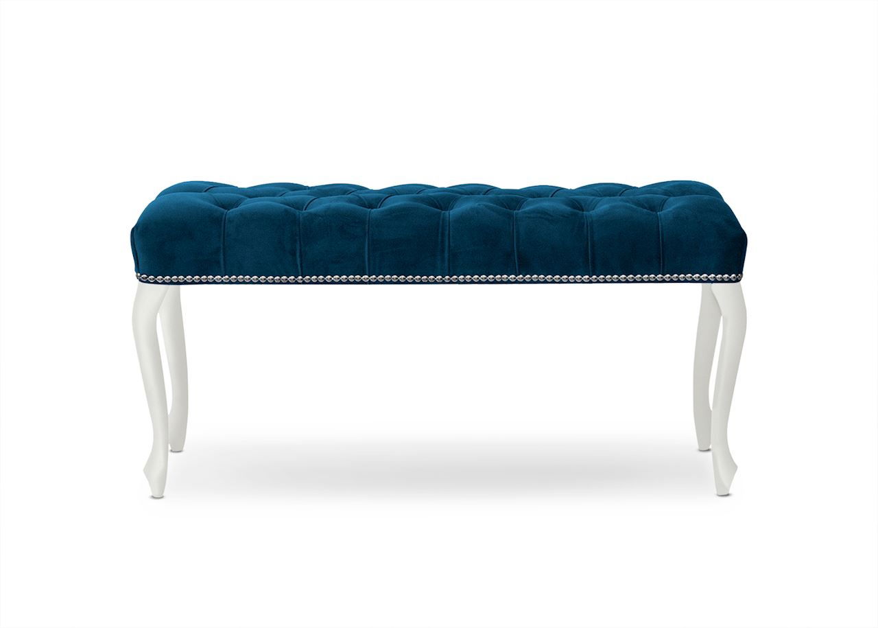 Banca tapitata cu stofa, cu picioare din lemn Ingrid Large Bleumarin / Alb, l120xA40xH49 cm