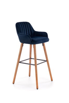 Scaun de bar tapitat cu stofa, cu picioare din lemn Hoku-93 Albastru inchis / Nuc, l47xA49xH98 cm