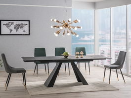 Set masa extensibila din sticla si metal Samael Negru Mat + 2 scaune Pirro Velvet Gri + 4 scaune Pirro Velvet Verde, L160-240xl90xH76 cm