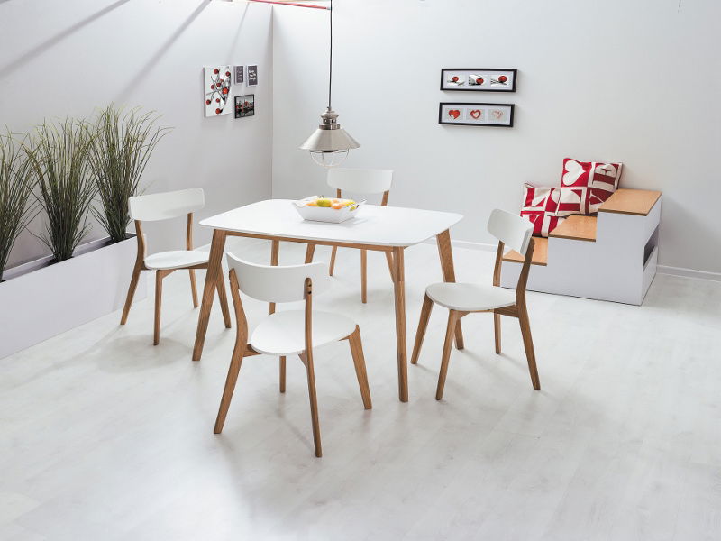 Set masa din MDF si lemn Mosley I Alb / Stejar + 4 scaune din lemn si MDF Mosley II Alb / Stejar, L120xl75xH75 cm