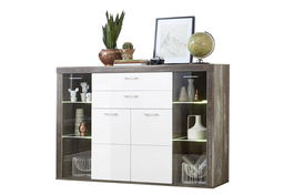 Vitrina din pal si MDF, cu 4 usi si 2 sertare Krone Alb / Natur, l174xA45xH125 cm