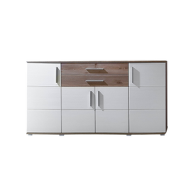 Comoda din pal si MDF, cu 2 sertare si 4 usi Jenise Alb / Stejar, l171xA50xH102 cm