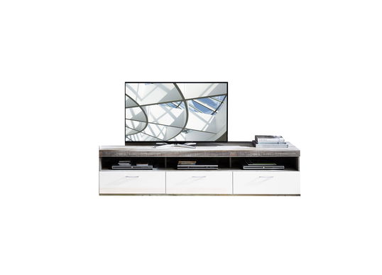 Comoda TV din pal si MDF, cu 1 sertar si 2 usi Krone Large Alb / Natur, l210xA48xH50 cm