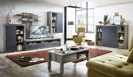 Set de mobila living din pal si MDF, 6 piese Krone I Grafit / Natur