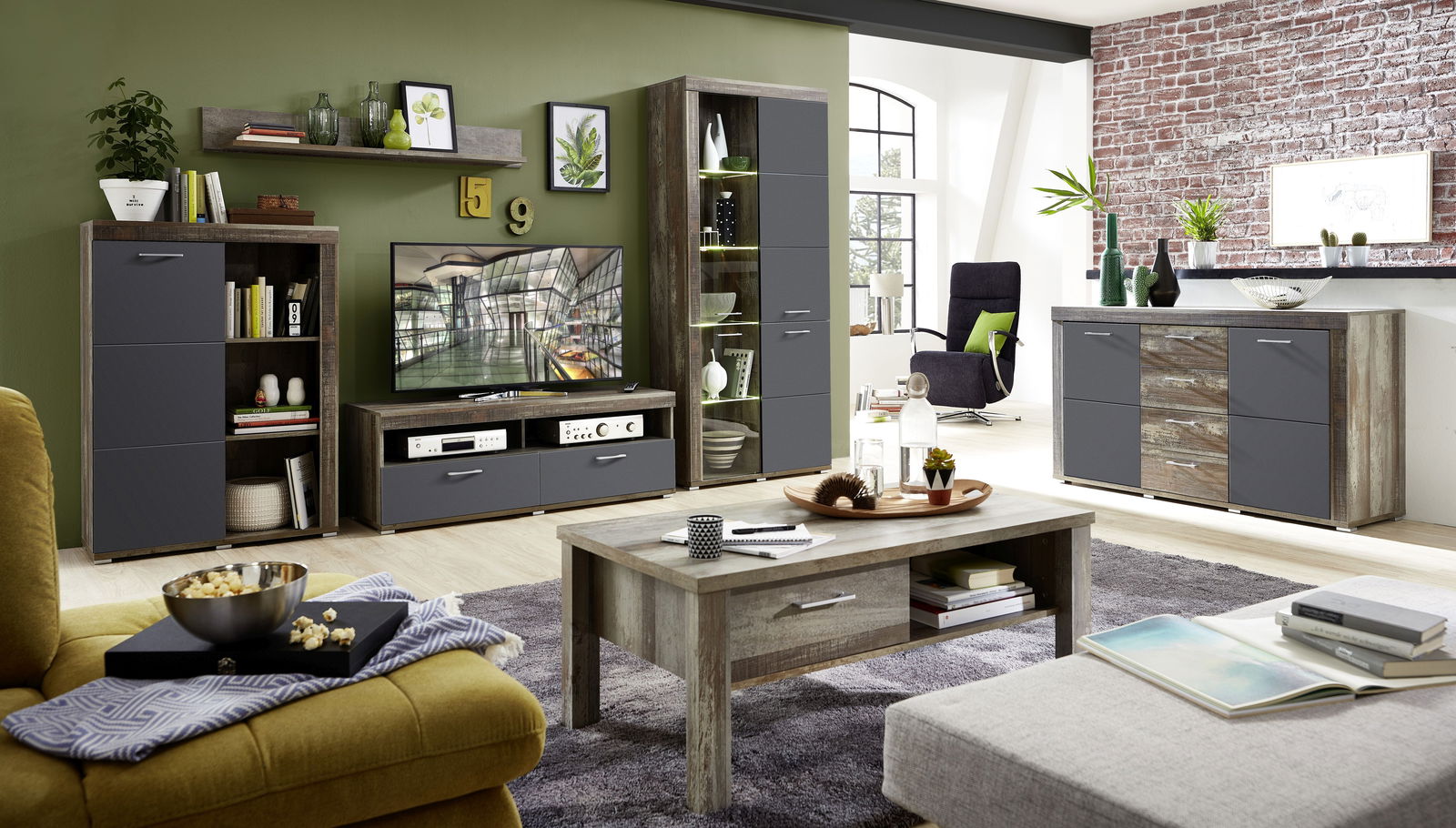 Set de mobila living din pal si MDF, 6 piese Krone II Grafit / Natur
