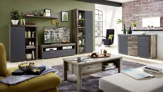 Set de mobila living din pal si MDF, 6 piese Krone II Grafit / Natur