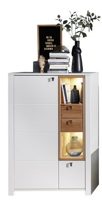 Vitrina din pal si MDF cu 2 sertare si 2 usi, Selina Alb / Natur, l92xA41xH138 cm