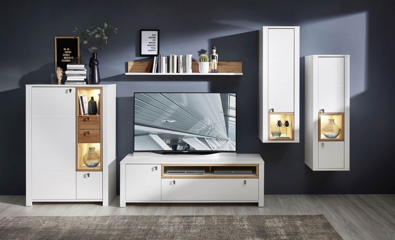 Set de mobila living din pal si MDF, 5 piese Selina Alb / Natur