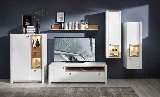 Set de mobila living din pal si MDF, 5 piese Selina Alb / Natur