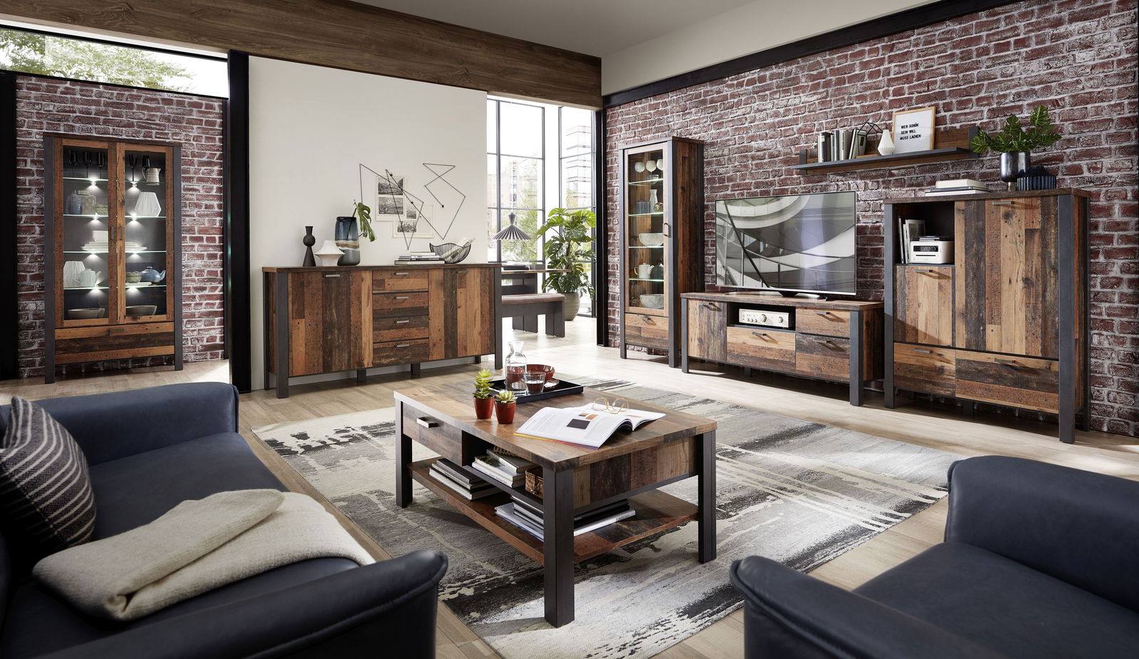 Set de mobila living din pal, 7 piese Chelsea Natural / Grafit