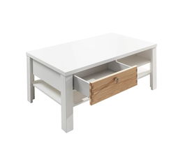 Masa de cafea cu 2 sertare, din pal si MDF Selina Alb / Natur, L110xl65xH45 cm