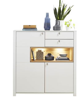 Cabinet din pal si MDF cu 2 sertare si 2 usi, Selina Alb / Natur, l132xA41xH138 cm