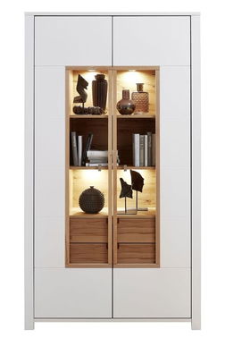 Vitrina din pal si MDF cu 2 sertare si 2 usi, Selina Alb / Natur, l112xA41xH202 cm