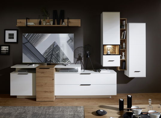 Set de mobila living din pal si MDF, 7 piese Madeline Alb / Stejar