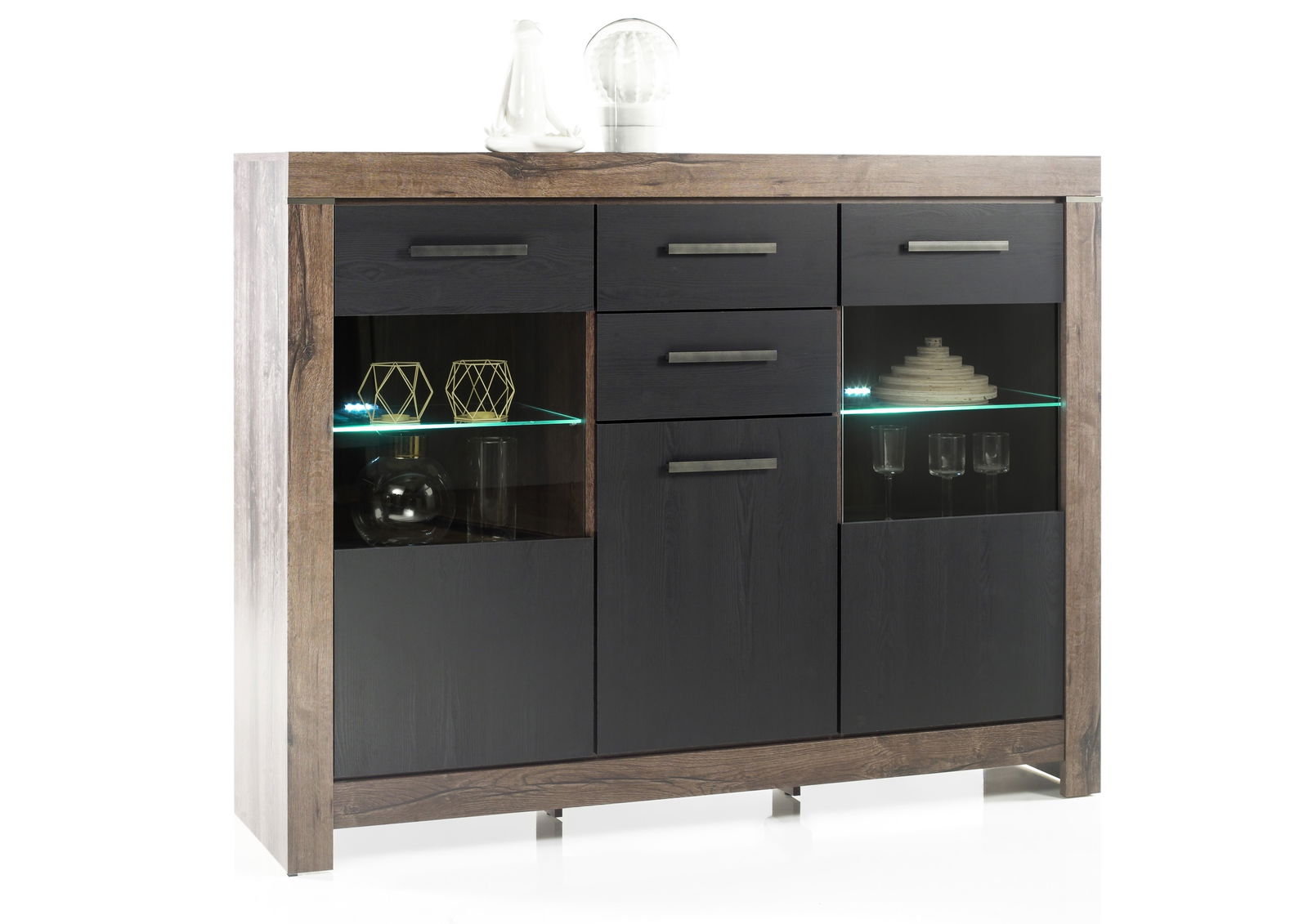 Vitrina din pal, cu 3 usi si 2 sertare Blake Stejar Negru / Stejar, l160xA45xH125 cm