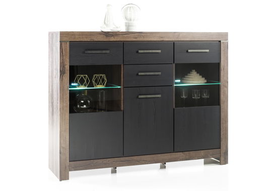 Vitrina din pal, cu 3 usi si 2 sertare Blake Stejar Negru / Stejar, l160xA45xH125 cm