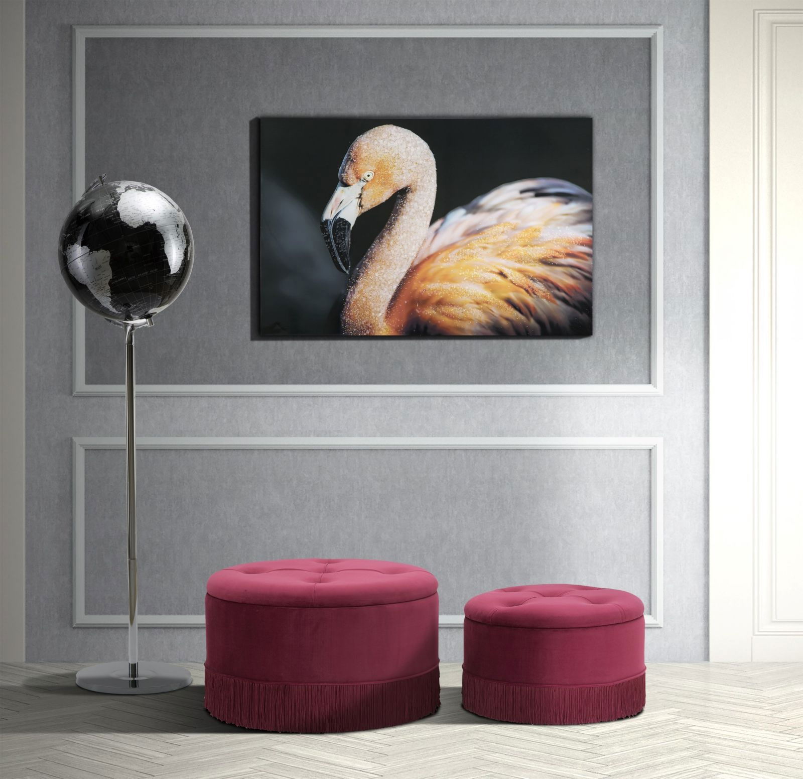 Set 2 taburete tapitate cu stofa si spatiu de depozitare Lines Velvet Bordeaux, Ø71xH40 cm / Ø55xH33 cm