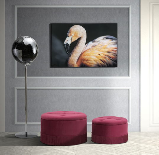 Set 2 taburete tapitate cu stofa si spatiu de depozitare Lines Velvet Bordeaux, Ø71xH40 cm / Ø55xH33 cm