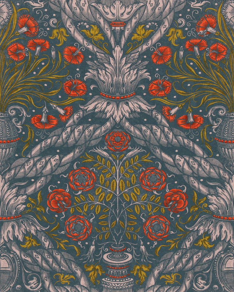 Set 3 role Tapet Imprimat Digital Floral Ornament Scarlet
