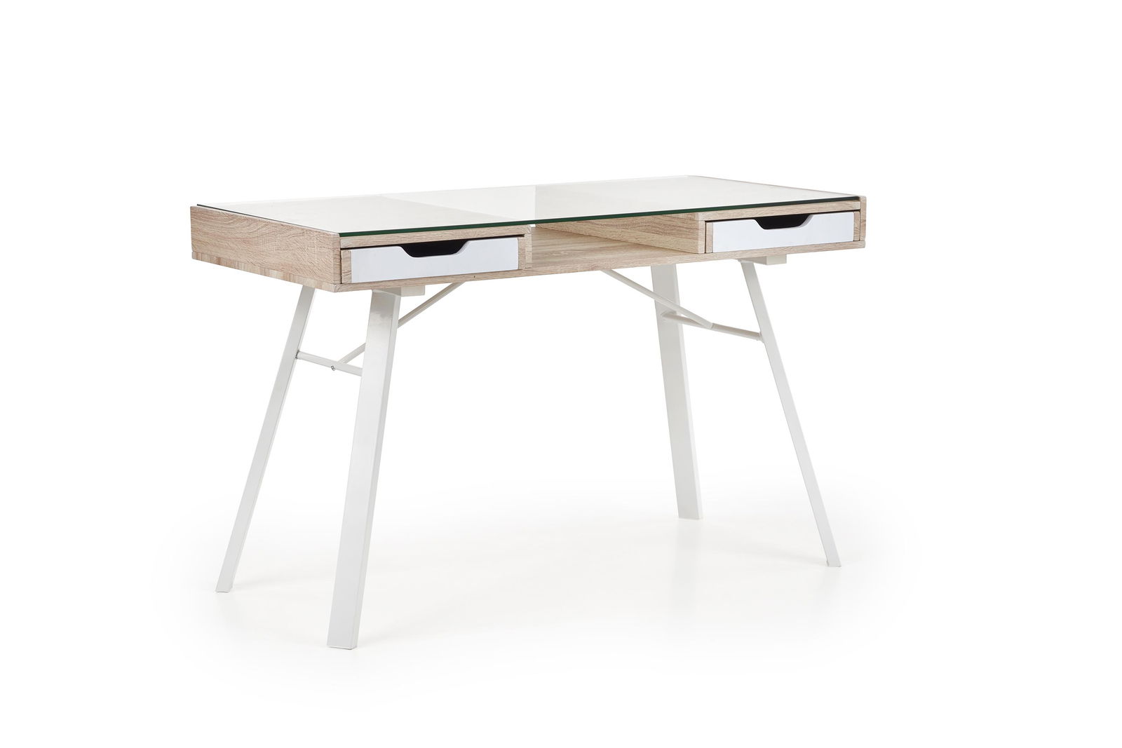 Masa de birou din sticla, MDF si metal, cu 2 sertare Ben-33 Stejar Sonoma / Alb, L120xl60xH76 cm