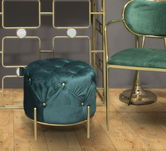 Taburet tapitat cu stofa, cu picioare metalice Diamond Verde / Auriu, Ø45xH40 cm