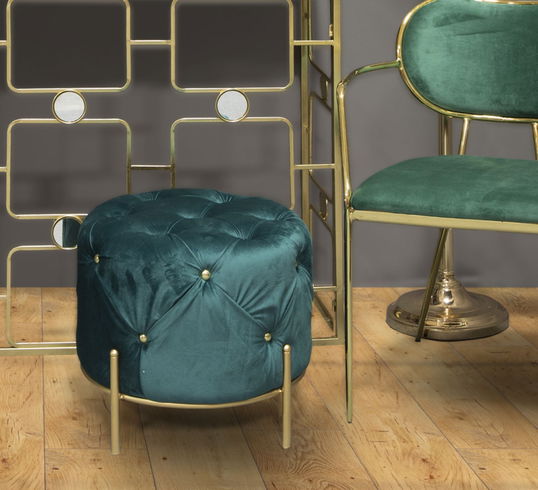Taburet tapitat cu stofa, cu picioare metalice Diamond Verde / Auriu, Ø45xH40 cm