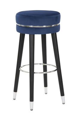 Scaun de bar tapitat cu stofa si picioare din lemn Paris Velvet Albastru / Negru / Argintiu, Ø35xH74 cm