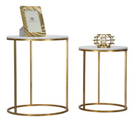 Set 2 mese de cafea din metal si rasina Simply Marble Alb / Auriu, Ø52xH63 / Ø42xH53 cm