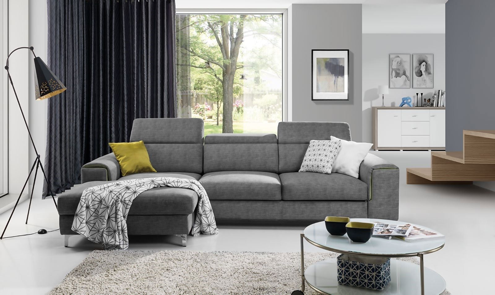 Coltar Genovis Bilia 0104/Bilia 038 Extensibil cu Arcuri Ondulate si Spuma Poliuretanica, Sezlong pe Stanga, Suprafata de Dormit 220x120 cm, tapitat cu Stofa, cu Lada de Depozitare, Tetiere Reglabile, l280xA170xH78 cm