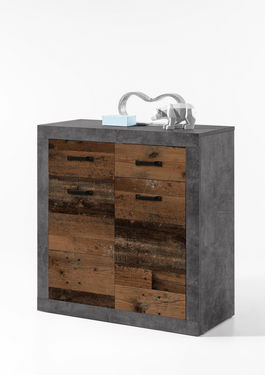 Cabinet din pal, cu 2 sertare si 2 usi Inez Gri / Natur, l82xA37xH90 cm