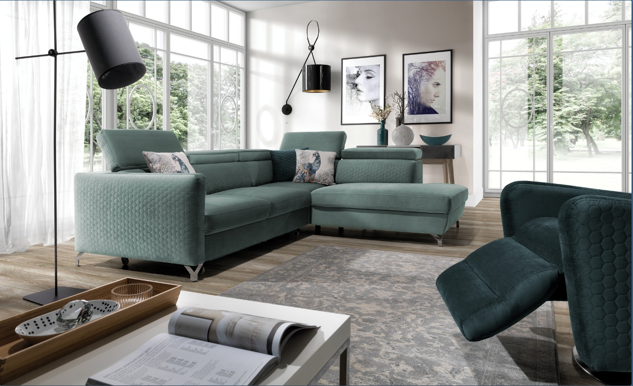 Coltar Mazzi Riviera 34/Riviera 34 Honey Extensibil cu Arcuri Ondulate si Spuma Poliuretanica, Sezlong pe Dreapta, Suprafata de Dormit 200x120 cm, tapitat cu Stofa, cu Lada de Depozitare, Tetiere Reglabile, l265xA220xH95 cm