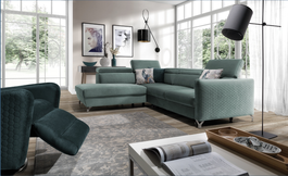 Coltar Mazzi Riviera 34/Riviera 34 Honey Extensibil cu Arcuri Ondulate si Spuma Poliuretanica, Sezlong pe Stanga, Suprafata de Dormit 200x120 cm, tapitat cu Stofa, cu Lada de Depozitare, Tetiere Reglabile, l265xA220xH95 cm