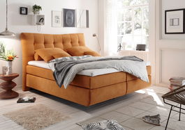 Pat tapitat cu stofa Malo II Boxspring Mustariu, topper inclus