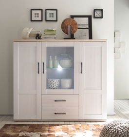 Vitrina din pal cu 2 sertare si 3 usi Romina Alb / Stejar San Remo, l156xA46xH137 cm