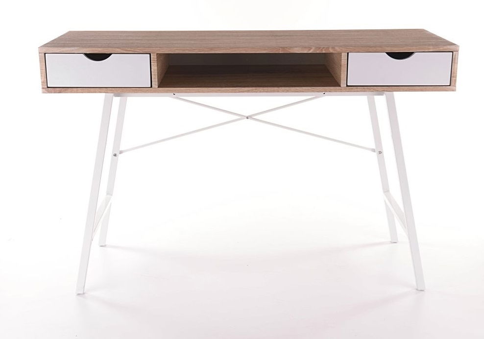 Masa de birou din MDF si metal, cu 2 sertare Benny-140 Stejar Sonoma / Alb, L120xl48xH76 cm
