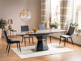 Set masa extensibila din MDF, ceramica si metal Corentin Gri + 4 scaune tapitate cu stofa Pirro Velvet Gri / Negru / Auriu, L160-210xl90xH76 cm