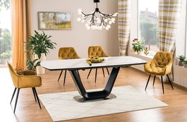Set masa extensibila din ceramica, MDF si metal Aran Alb / Negru + 4 scaune tapitate cu stofa Clyde Velvet Mustariu / Negru, L160-220xl90xH76 cm