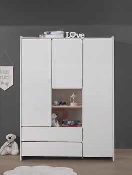 Dulap din lemn de pin si MDF, cu 3 usi si 2 sertare, pentru copii Kiddy Alb, l133xA55xH190 cm