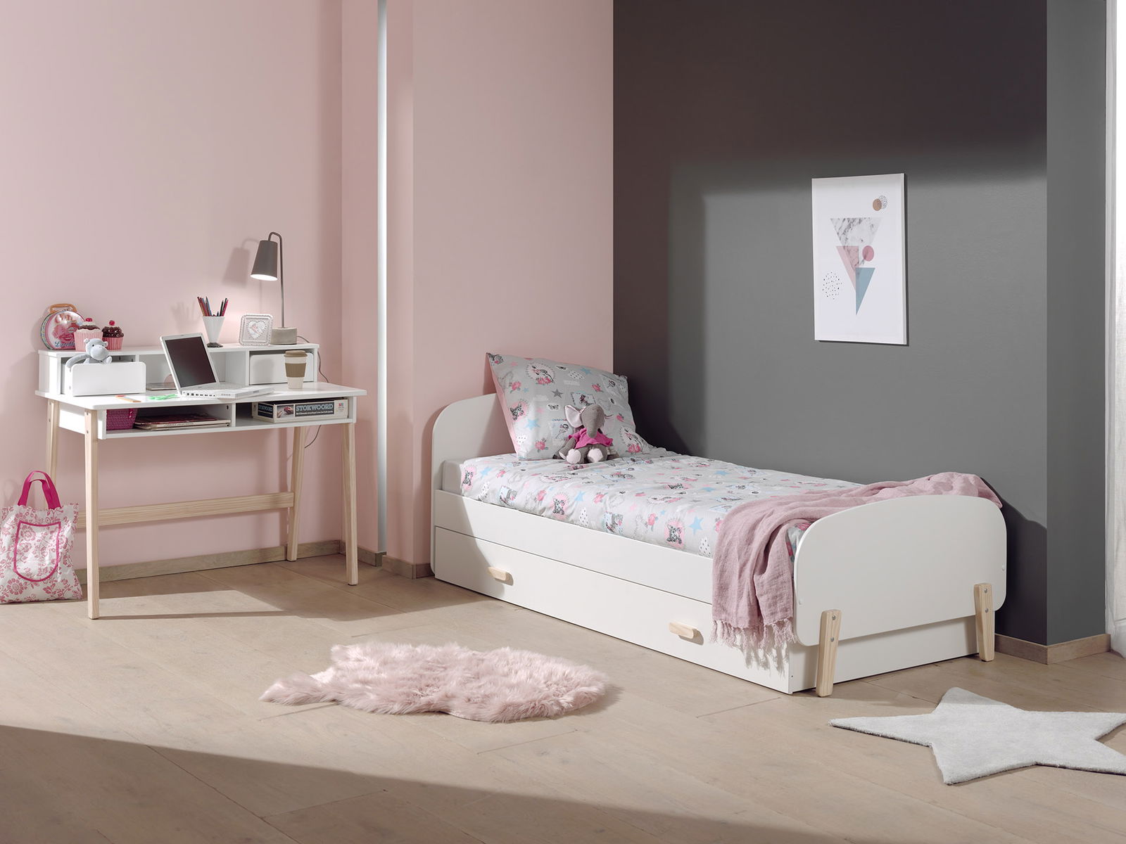 Set Mobila dormitor din lemn de pin si MDF, pentru copii 3 piese Kiddy Alb, 200 x 90 cm