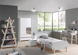 Set Mobila dormitor din lemn de pin si MDF, pentru copii 6 piese Kiddy Alb, 200 x 90 cm