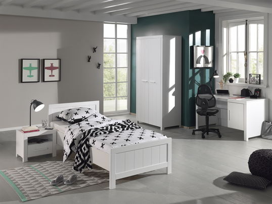 Set Mobila dormitor din lemn de pin si MDF, pentru copii 4 piese Erik Alb, 200 x 90 cm