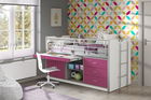 Pat etajat din pal si metal cu birou incorporat si 3 sertare, pentru copii Bonny Alb / Fucsia, 200 x 90 cm