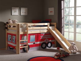 Pat etajat din lemn de pin, cu tobogan pentru copii Pino Fire Rescue Natural, 200 x 90 cm